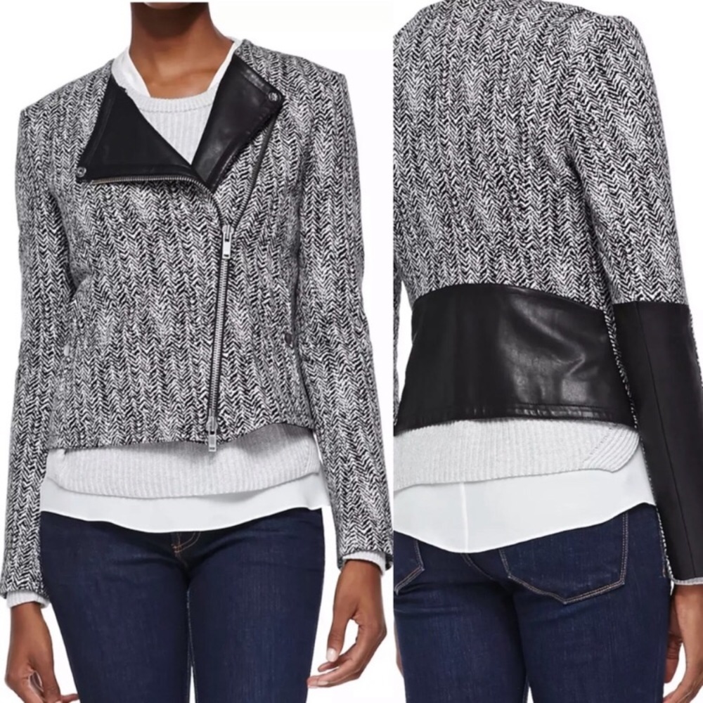 Theory Joean Tweed Herringbone Leather Jacket